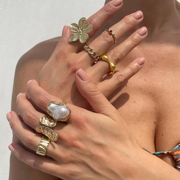 Women Gold Rings Set Pearl Flower Stackable Knuckle Chunky Adjustable Statement - Picture 3 of 7